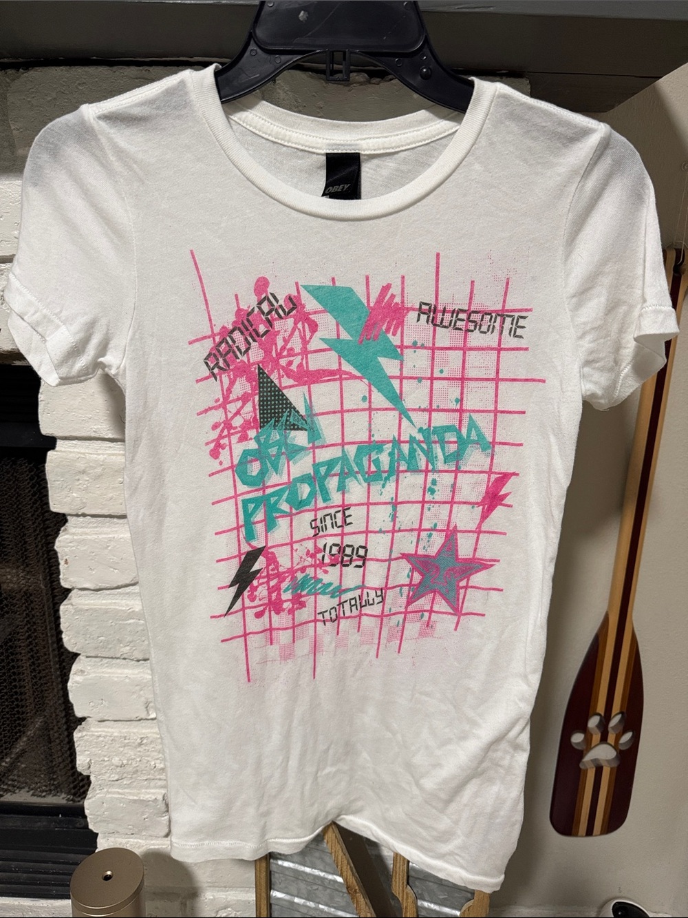 Obey White Tee with Pink & Teal Graphic
